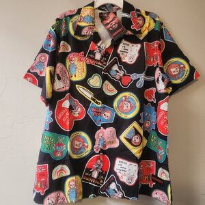 Chucky Black Shirt Button Down Childs Play Good Guys Patch Print Bride‎ Tiffany